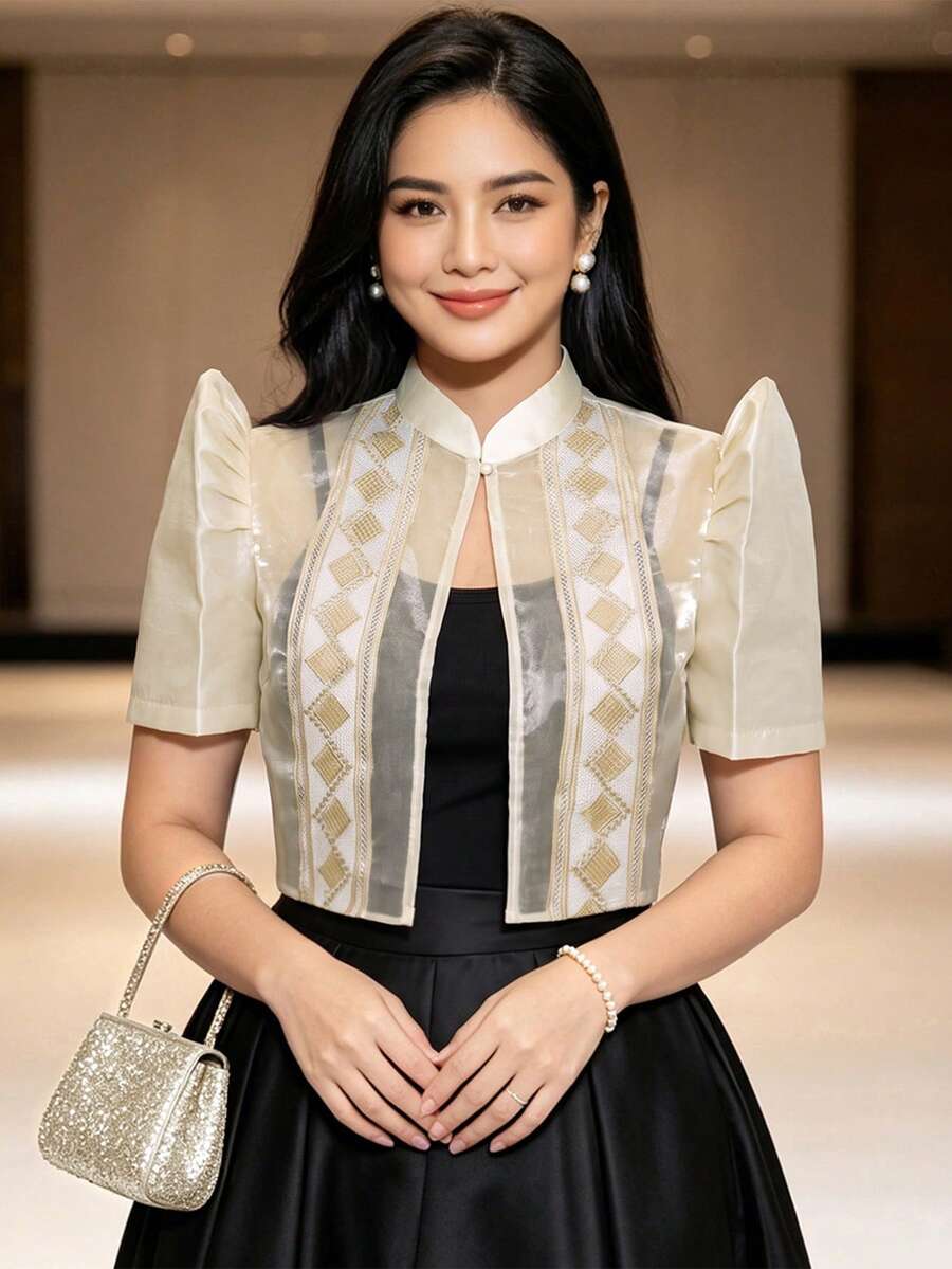 蝴蝶袖菲律賓風女款短袖拼接泡泡袖開襟上衣,夏季時尚優雅女式短版外套 - 香檳色 - 查看 1