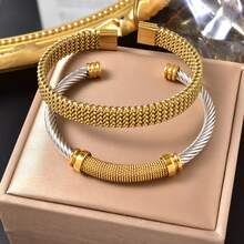 Vintage Fashion Classic Stainless Steel 18K Gold Plated & Silver Dual-Tone Braided Bracelet, Unisex, Suitable For Daily Wear And Party - Gold - View 1