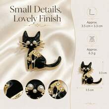2Pcs Black White Enamel Cat Brooch Set , Zinc Alloy Faux Pearl Rhinestone Kitten Lapel Pin, Cute Animal Pin For Women Clothing Collar Decor & Gift - Multicolor - View 4