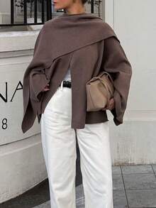 Cardigan Rajut Gaya Poncho Longgar Kasual Wanita, Cardigan Rajut Terbuka Depan Kasual Elegan Warna Polos untuk Wanita, Musim Gugur Musim Dingin - Coffee Brown - View 3