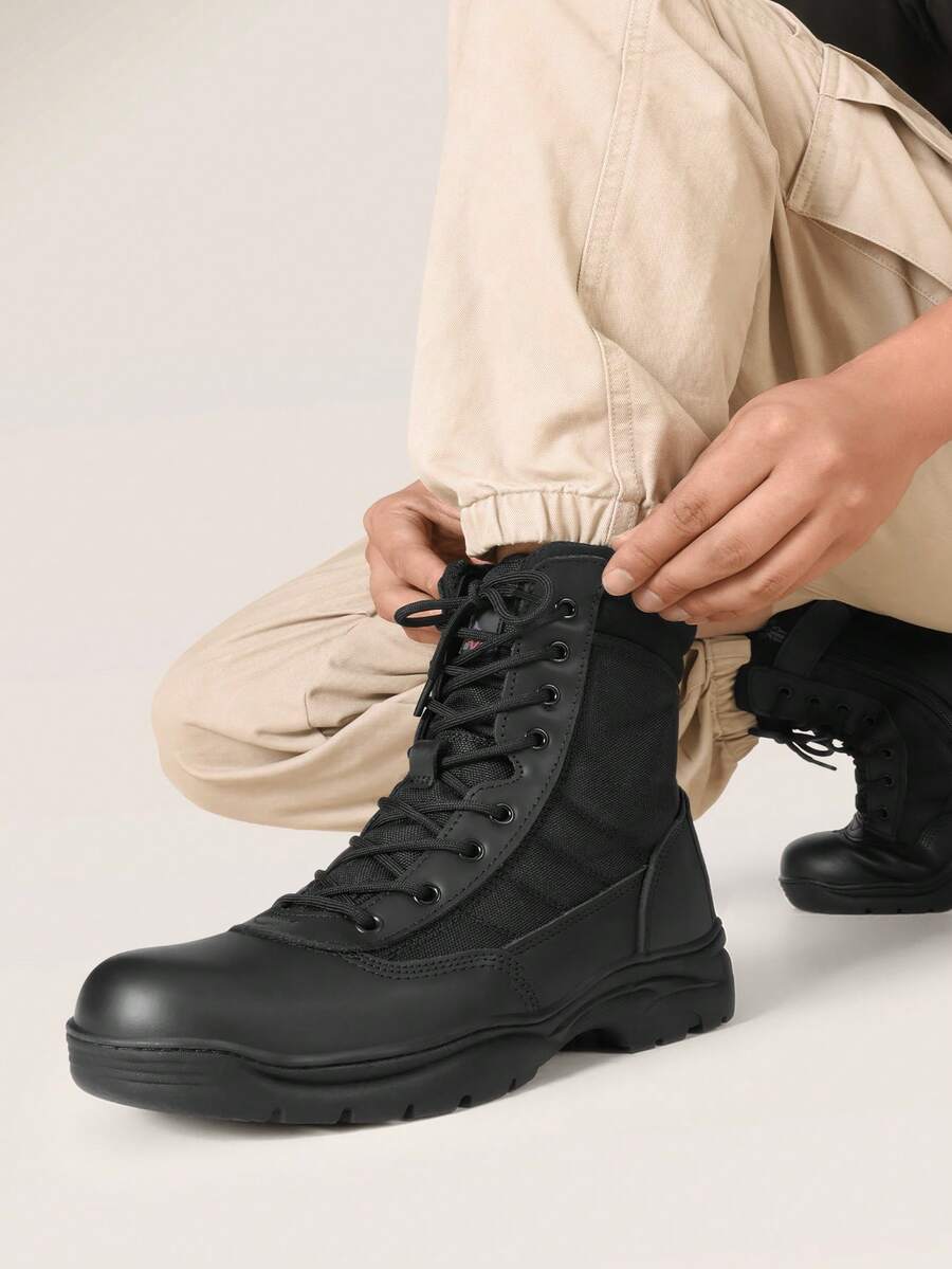 Men's Military Tactical Work Boots Side Zipper Leather Motorcycle Combat Boots (6-8 Inches) - 黑色 - 查看 1