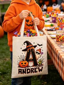 Personalized Halloween Candy Tote Bag, Customizable Name Pumpkin Ghost Witch Printed Tote Bag, Customized Commemorative Gifts For Family And Friends - Multicolor - View 4