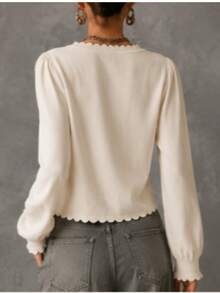 Women's Scallop Edge Button-Front Knit Cardigan Long Sleeve Basic Top, High Stretch Sweater For Fall And Winter - Apricot - View 2