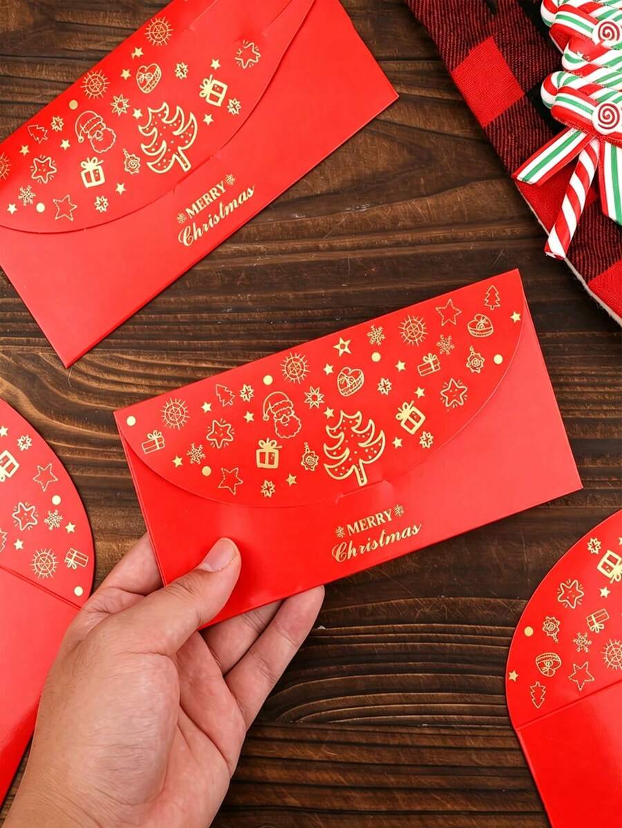 10/5/3pcs Christmas Red Envelopes, Gold Foil Design Christmas Cash Envelopes, Gift Envelopes, Merry Christmas Decoration, Gold Foil Design Party, New Year, Red Envelopes, For Chinese New Year Decoration, Giving Red Envelopes And Unique Collectibles - Christmas Edition - View 1
