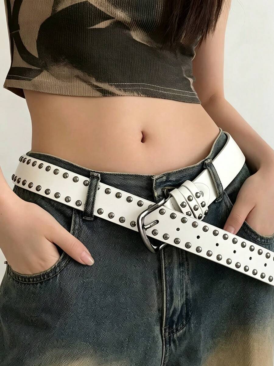 APLCSEY 1件裝女款龐克風PU皮革腰帶,槍灰色高級合金扣頭搭配雙排鉚釘,適合休閒褲、牛仔褲與洋裝 - 白色 - 查看 1