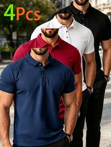 4pcs Men's Quick Dry Polo Shirts, Breathable Short Sleeve Summer Beach Golf Outdoor Casual Tops, Father's Day Gift Sports - Red and White - View 11