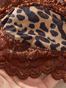 Women's 2-Piece Coffee Leopard Print Lace Floral Lingerie Set, Includes Soft Short Sleeve Pajama Top And Thong - Coffee Brown - View 6