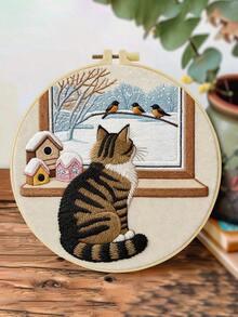 1PC 20*20cm/7.9*7.9in,The Cat In The Forest Embroidery Kit, DIY Handmade Embroidery Set For Adult Beginners, Home Gift, Women's Sewing Gift, Including User Manual, Printed Pattern Fabric, Embroidery Frame, Needle And Thread. - Forest Cat - View 7