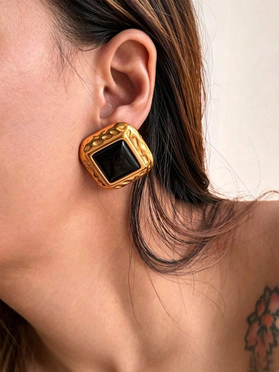 S SHOPBOHO 1 Pair Unique Oval Stud Earrings, Natural Tiger Eye Stone & Golden Color