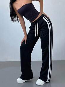 Women's Fall‑Winter Mid‑Rise Straight‑Leg Pants,Double‑Stripe Sides,Drawstring Elastic Waist.For Sports,Campus,Halloween,Christmas,Simple‑Luxury Look - Black - View 2