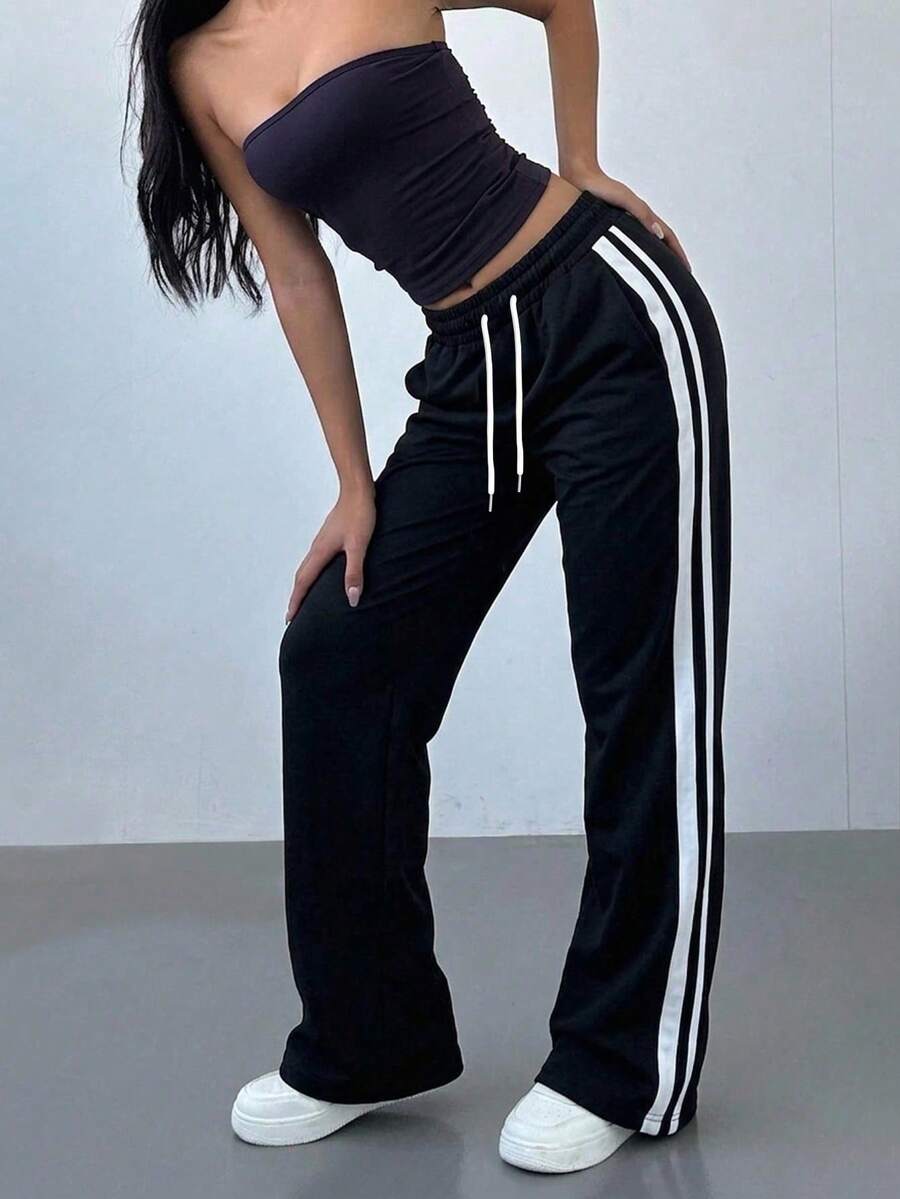 Women's Fall‑Winter Mid‑Rise Straight‑Leg Pants,Double‑Stripe Sides,Drawstring Elastic Waist.For Sports,Campus,Halloween,Christmas,Simple‑Luxury Look