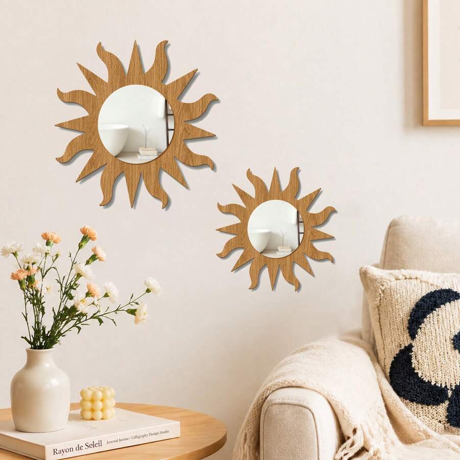 1Pc Sun Shape Wooden Frame Acrylic Mirror Wall Sticker, Boho Decorative Mirror Wall Decal For Living Room Bedroom Bathroom Home Wall Art Decor - Brown - View 1