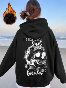 Loose-Fit Hoodie,100%Pure Cotton Material,Printed With Skull And Slogan Patterns - Casual Pullover Sweater,Long Sleeve,Designed With Pockets,Slightly - 黑色 - 查看 1
