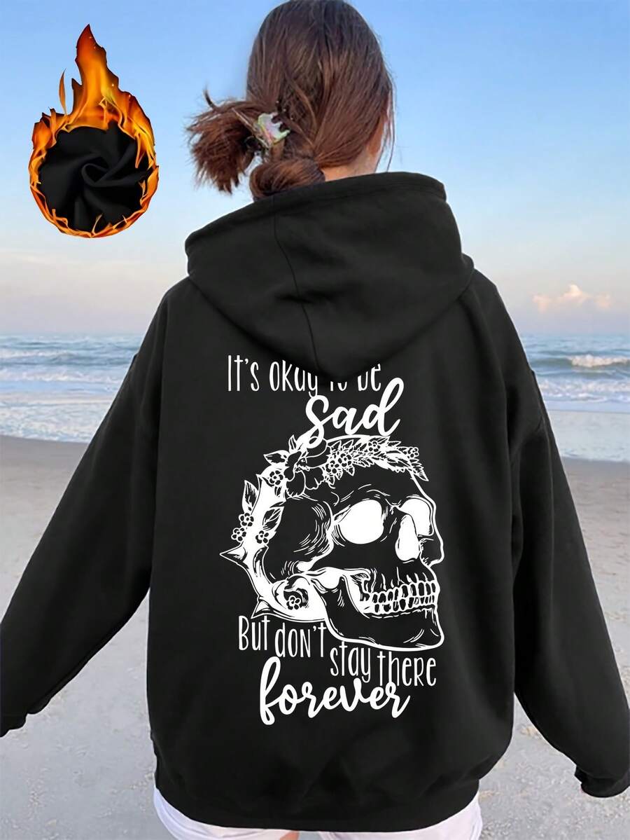 Loose-Fit Hoodie,100%Pure Cotton Material,Printed With Skull And Slogan Patterns - Casual Pullover Sweater,Long Sleeve,Designed With Pockets,Slightly - 黑色 - 查看 1