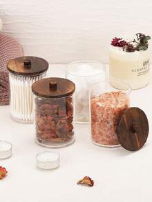 4pcs Set With Bamboo Lid Dispenser Jars, Suitable For Cleaning Swabs, Round Cotton Pads, Floss Picks, 10oz Clear Plastic Apothecary Jars Set, Bathroom Storage Containers, Vanity Cosmetic Organizer Boxes - Multicolor - View 2
