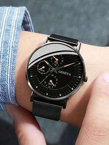 Men's Watch, Black Stainless Steel Strap Casual Round Dial Quartz Watch, Suitable For Daily Life, Can Be Used As A Gift For Back-To-School Students - Black - View 2