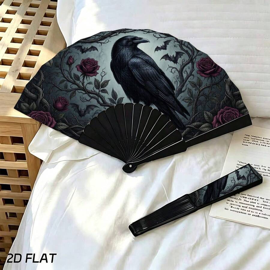 Dark Vintage Crow & Red Rose Kung Fu Folding Fan, Halloween Photography Backdrop Accessory, Niche Gothic Style - Multicolor - View 1