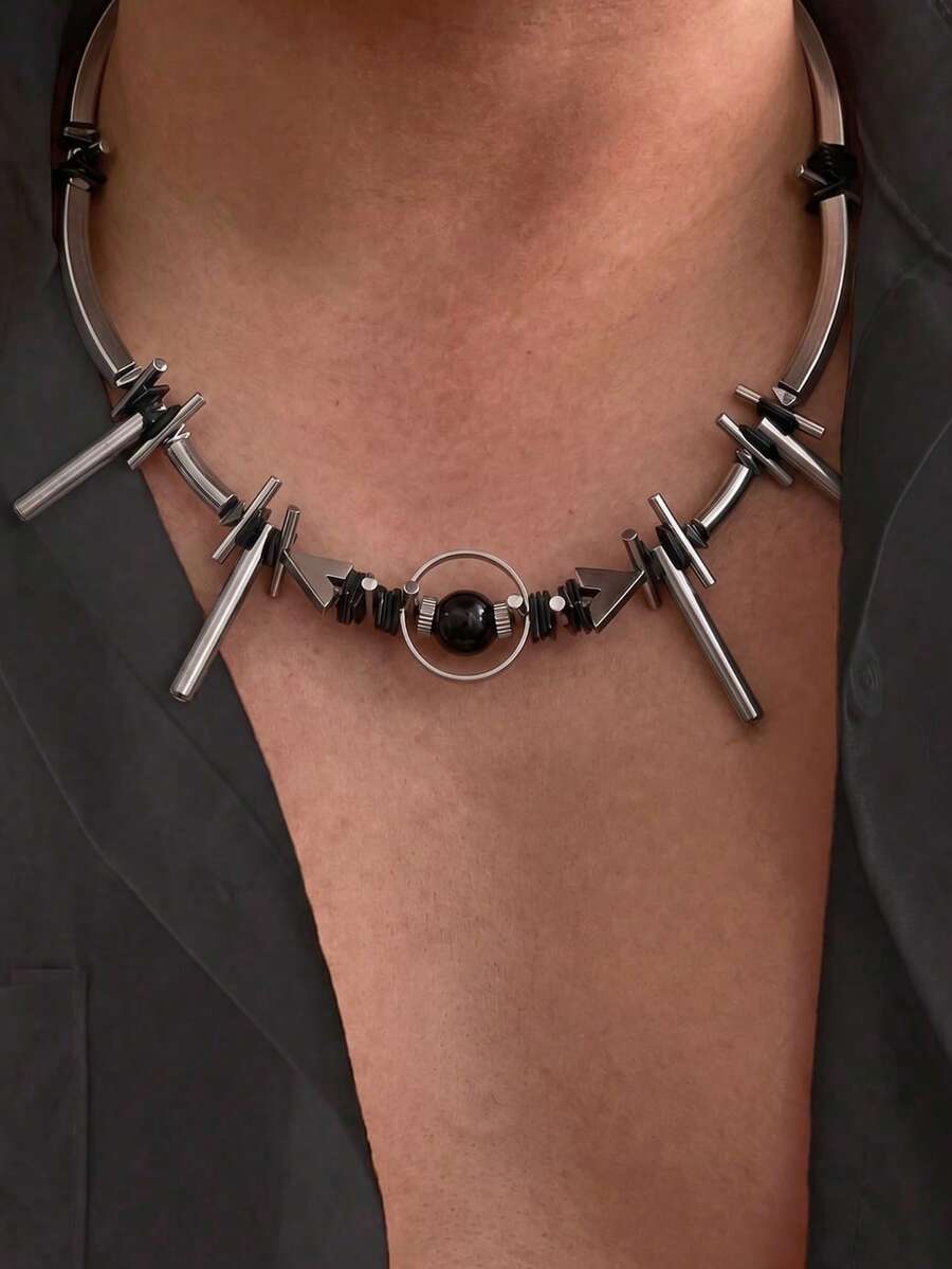 1 buah Kalung Manik-manik Segitiga Silinder Geometris Pria, Logam Hitam, Perhiasan Pria Gaya Hip Hop Punk Keren yang Dapat Dipersonalisasi - Hitam - View 1