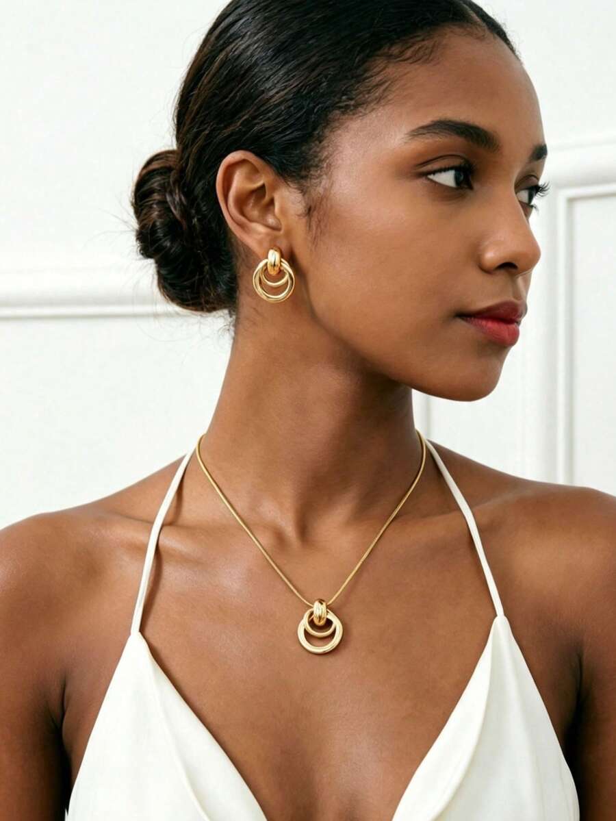 YUNCHUN 3pcs/Set Fashionable Metal Geometric Circle Jewelry Set For Women, Versatile Design Suitable For Daily Wear And Various Occasions - Gold - View 1