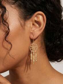 1 Pair Women's Hoop Earrings, 18K Gold Plated Dreamcatcher Feather Earrings, 925 Sterling Silver Inlaid With Colorful Cubic Zirconia, Elegant Jewelry Gift - Gold - View 6