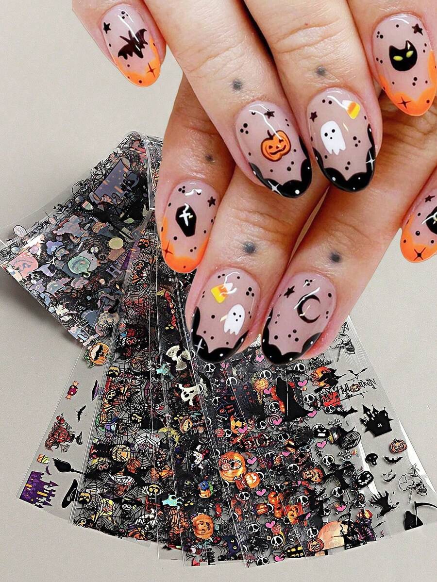 10pcs Halloween Nail Foil Stickers, Cartoon Pumpkin, Spider, Witch, Ghost, Skeleton Patterns, Suitable For 3D Nail Art Decoration (No Adhesive Backing) - Multicolor - View 1