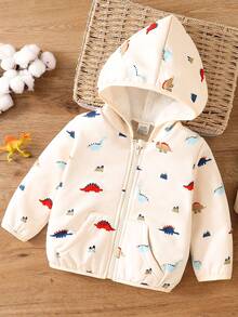 Baby Boy Cute Dinosaur Print Fleece Jacket, Comfortable Warm Casual Outdoor Playwear - Apricot - View 1