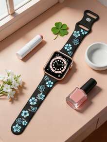 五葉草花卉雕刻錶帶，兼容 41mm 40mm 44mm 45mm 42mm 38mm 49mm 46mm，可愛花朵，柔軟矽膠運動錶帶，兼容 Series 11 10 SE 9 8 7 6 5 4 3 Ultra，女款時尚花卉智慧手錶錶帶 - LD004花卉-黑配冰藍 - 查看 3