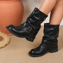 Women's Motorcycle Ankle Boots, Ruched Mid-Calf Riding Boots, Vintage Chunky Heel 4cm, Belt Buckle Slouchy Boots - Black - View 1