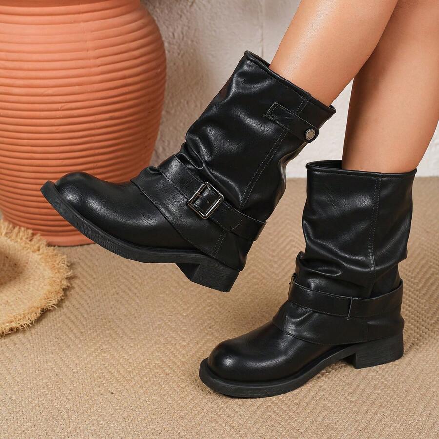 Women's Motorcycle Ankle Boots, Ruched Mid-Calf Riding Boots, Vintage Chunky Heel 4cm, Belt Buckle Slouchy Boots - Black - View 1