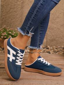 Women's Fashion Half-Slip-On Solid Color Sporty Lace-Up Metal Eyelet Flat Casual Shoes - Denim Blue - View 6
