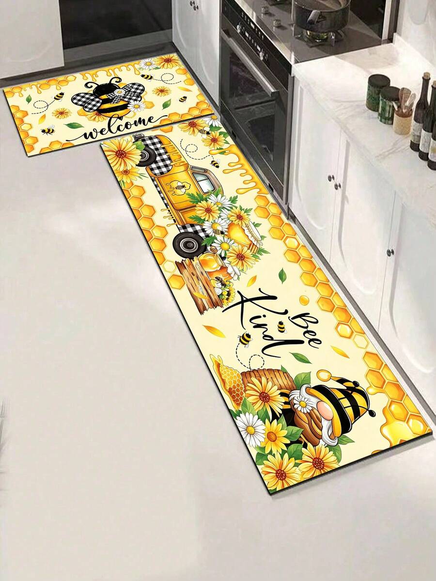 1/2pcs Autumn Bee & Floral Pattern Doormat, Outdoor Welcome Mat, Carpet, Autumn Floor Mat, Front Door Mat - Multicolor - View 1