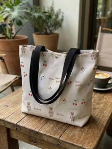 1pc Cartoon Bear & Cherry Print Canvas Tote Bag, Snap Button Large Capacity Shoulder Handbag, Casual Shopping Commuting School Daily Carry Bag - White - View 2