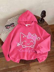 2pcs/Set Teen Girls Outfit, Cute Cat Print Hoodie And Simple Loose Wide Leg Pants, Comfortable Autumn/Winter New Style Girl Outfit - Hot Pink - View 3