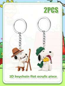 Splendor Keychain Set, Acrylic Construction Two Unique Cartoon Layouts, Brown Hat Painter Drawing On Mini Easel And Winter Knitwear Holding Santa Cap , Premium Silver Split Ring For Vehicle Key Organizer - Multicolor - View 4