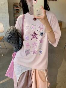 Y2K 千禧風女款夏季新款休閒寬鬆字母 X 星星印花短袖 T-shirt 上衣 粉色 - 粉色 - 查看 3