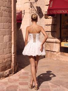 White Woven Embroidered Backless Lace-Up Mini Homecoming Party Dress Wedding - White - View 6