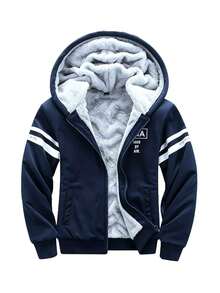 Men's 2-Piece Sports Set, Fleece Lined Zip-Up Hooded Jacket, Sweatpants, Striped Sleeve Letter Print Casual Sports Outfit - Navy Blue - View 2