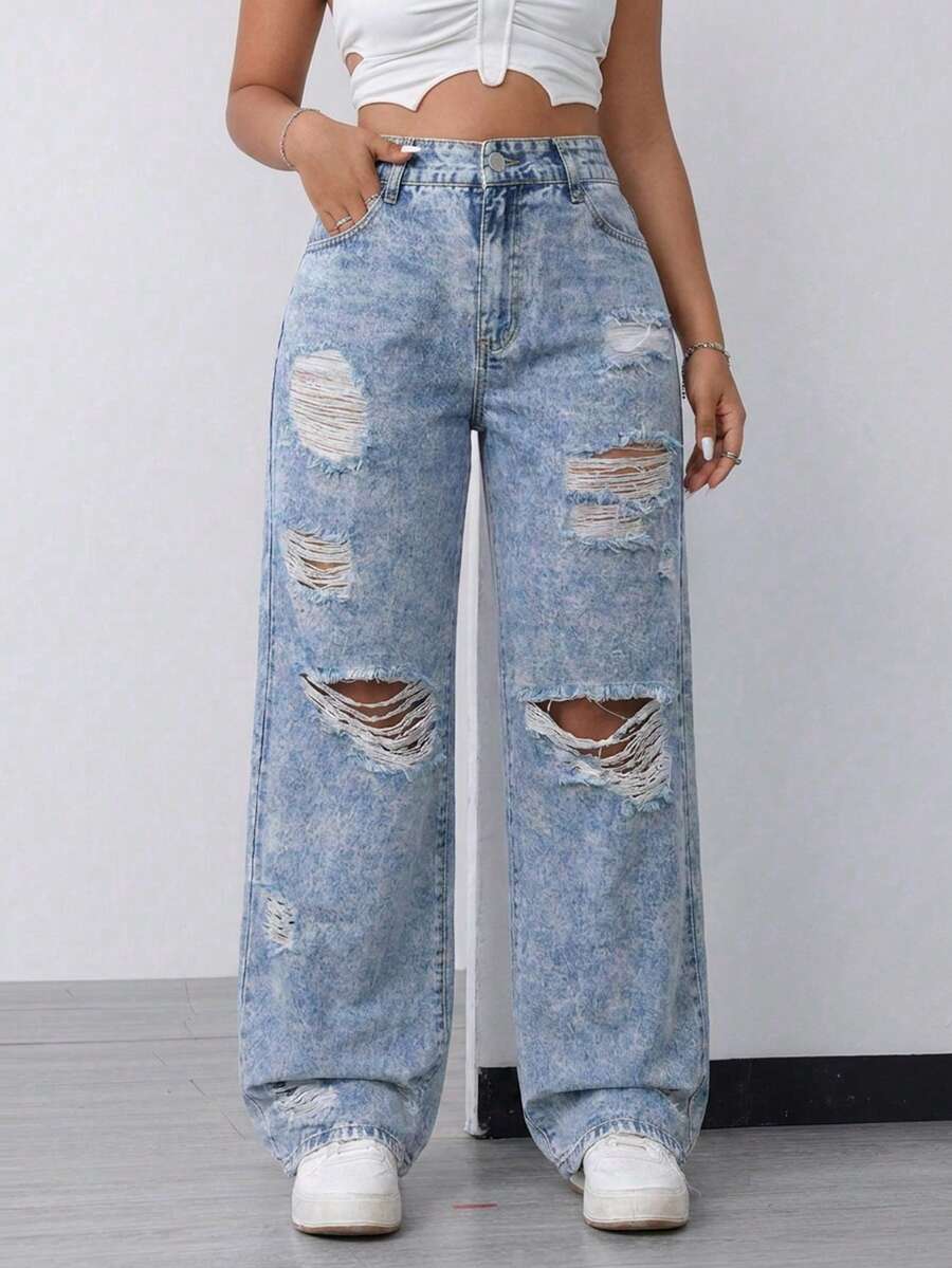 Women's Plus Size Distressed Loose Fit Denim Jeans, Y2K Retro Denim Style, With Pockets And Zipper