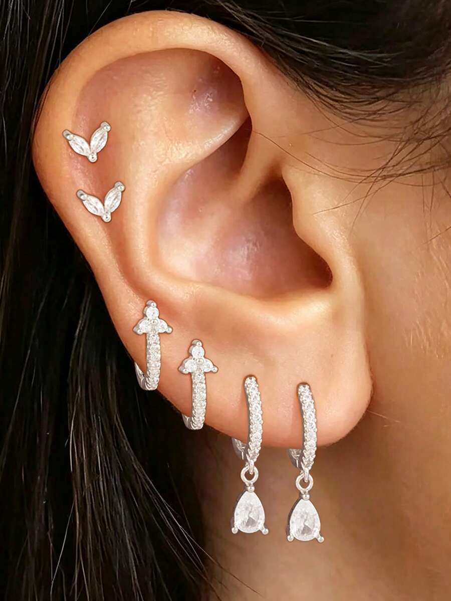 6PCS Luxury Water Drop Zirconia Pendant Earrings Set For Women Stainless Steel Horse Eye Ear Stud Daily Wear Jewelry - 6PCS-silver - View 1