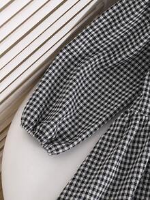 Girls Black And White Plaid Long Sleeve Dress, Large Collar Ruffle Bow Button Petal Sleeve College Style Princess Dress, Spring Autumn Winter - Black and White - View 4