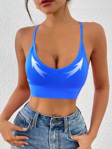 LianShengFa 1pc Backless Cross Strap High Elasticity Wireless Daily Bra, Medium Support Seamless Racerback Yoga Sports Bra, Breathable And Comfortable - Royal Blue - View 3