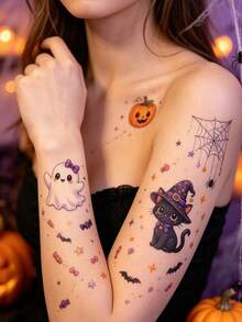 4PCS Halloween Large Edition Cute & Adorable Tattoo Stickers, Low-Terror Funny Edition: Ghosts, Bats, Spiders, Candies, Black Cats, Etc. Waterproof & Long-Lasting, Perfect Halloween Gift For Friends - Multicolor - View 9
