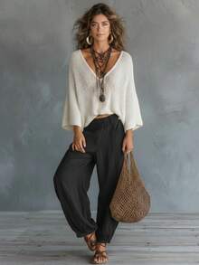 女款超寬鬆V領套頭衫，秋季披肩毛衣，海灘毛衣，波希米亞風，純色極簡輕量，柔軟透氣親膚面料，適合度假與休閒 - 杏色 - 查看 10