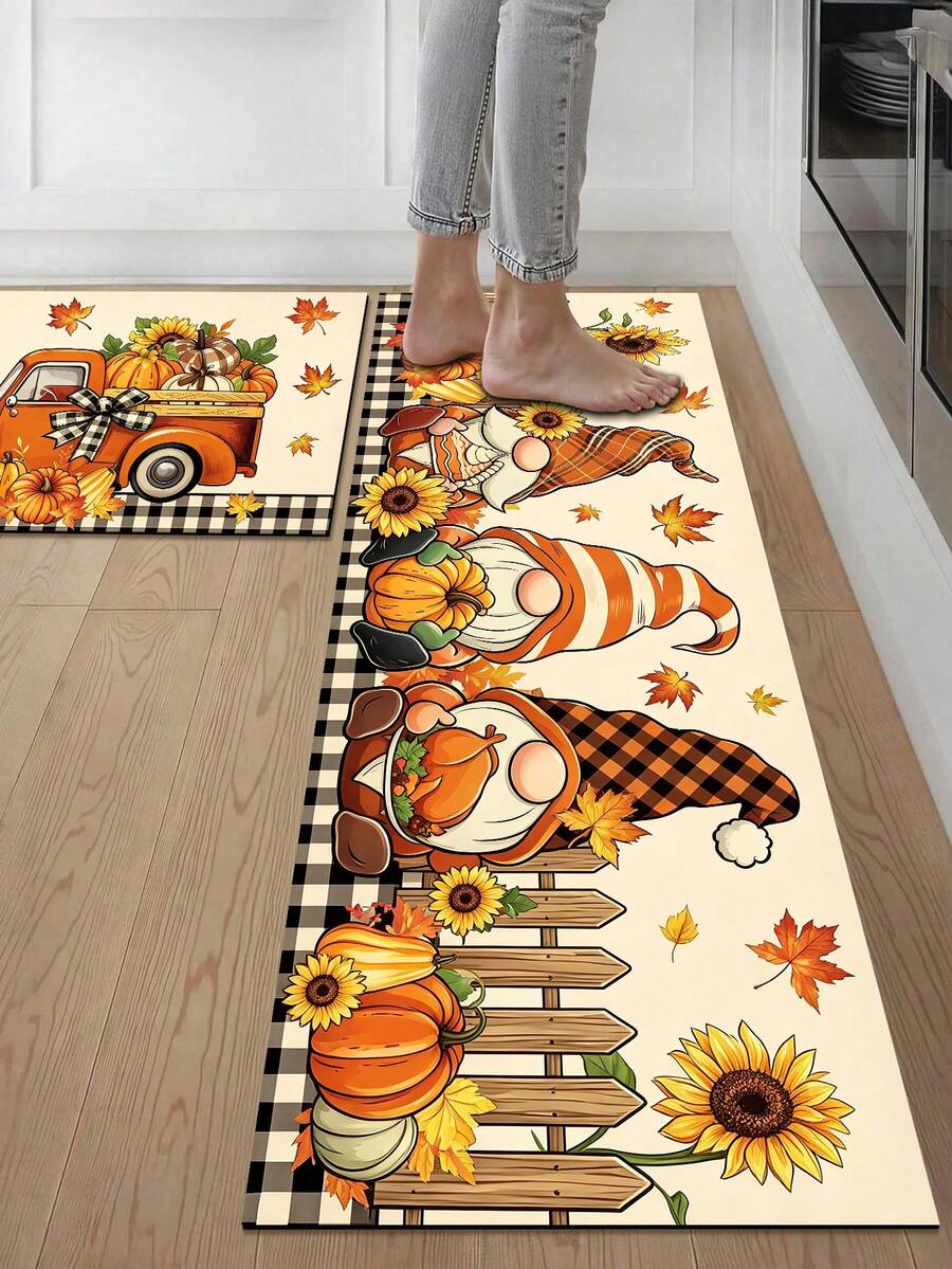 1/2pcs Autumn Thanksgiving Gnome Pumpkin Pattern Doormat, Outdoor Welcome Mat, Carpet, Autumn Floor Mat, Thanksgiving Front Door Mat - Multicolor - View 1