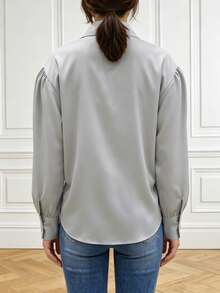Casual Lantern Sleeve Collared Shirt - Grey - View 3