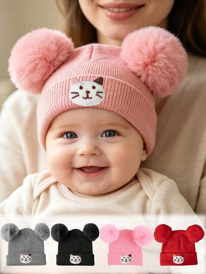 1pc Baby Cartoon Cat Patchwork Knitted Beanie, Double Faux Fur Pom Pom Warm Elastic Hat, Infant Toddler Autumn/Winter Outdoor Sleep Cap