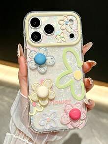 KOOLIFE Casing Ponsel Apple Motif Bunga 3D, Tekstur Cangkang Kaca Pelangi, Perlindungan Tonjolan Kamera, Terbuat dari Bahan TPU+PC, Kompatibel dengan Casing Ponsel Apple 17/16/15/14/13PROMAX - Bunga besar + tiga bunga - View 1