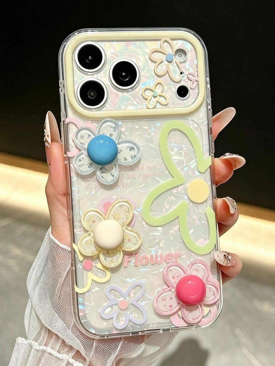 KOOLIFE Casing Ponsel Apple Motif Bunga 3D, Tekstur Cangkang Kaca Pelangi, Perlindungan Tonjolan Kamera, Terbuat dari Bahan TPU+PC, Kompatibel dengan Casing Ponsel Apple 17/16/15/14/13PROMAX - Bunga besar + tiga bunga - View 1