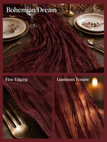 1pc Burgundy Ruched Cheesecloth Table Runner, Dining Table Cloth, Kitchen Counter Cover, Romantic Table Decor, Party Favor, Birthday Tabletop Decoration, Valentine's Day Wedding Baby Shower Bridal Shower Table Decor, Home Room Kitchen Tabletop Atmosphere Soft Furnishing Ornament - Burgundy - View 4