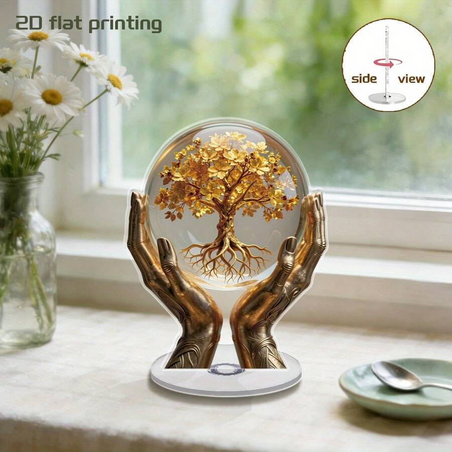 1/2件 2D平面壓克力生命之樹桌面裝飾品，金色手持水晶球設計，優雅桌面擺件，適用於居家、辦公室、書架、書桌，現代美學房間裝飾
